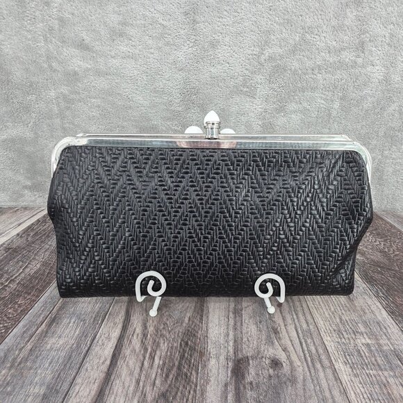 HOBO Lauren Wallet Clutch Embossed Black Leather Floral Lined Kiss Lock Fold New - Picture 14 of 14